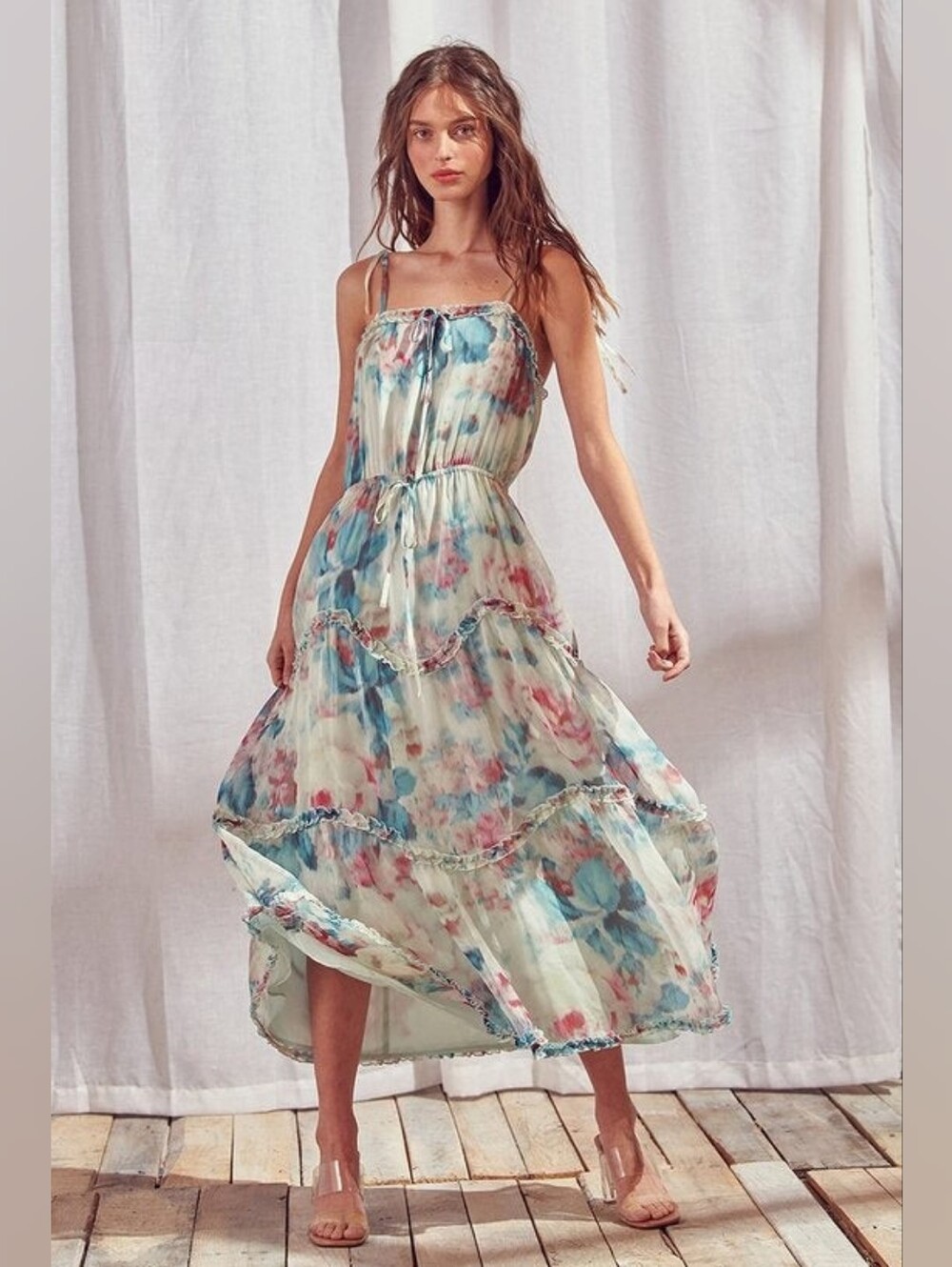 Storia Watercolor Floral Tiered Maxi Dress